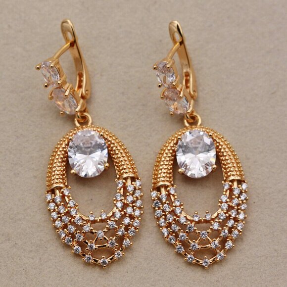 18K Yellow Gold Filled Geometric Modern Oval Diamond Zircon Drop Dangle Earrings - Picture 2 of 4